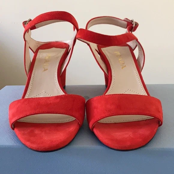 PRADA NEW ❤️Red suede wedge heel sandals size 37.5 - Picture 5 of 7